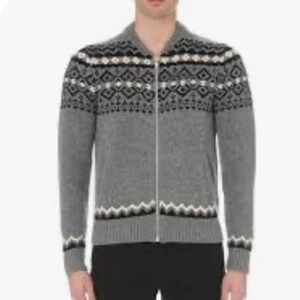 The Kooples Merino Wool Nordic Zip Cardigan Gray Blac Fair Isle Designer Sweater